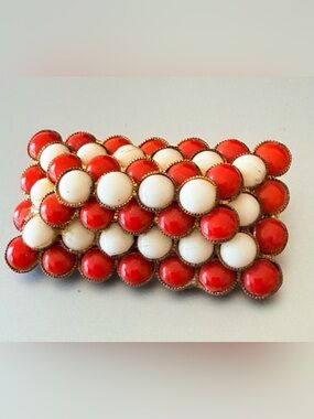 Czechoslovakian Red White Glass Rectangular Bar Pin Vintage